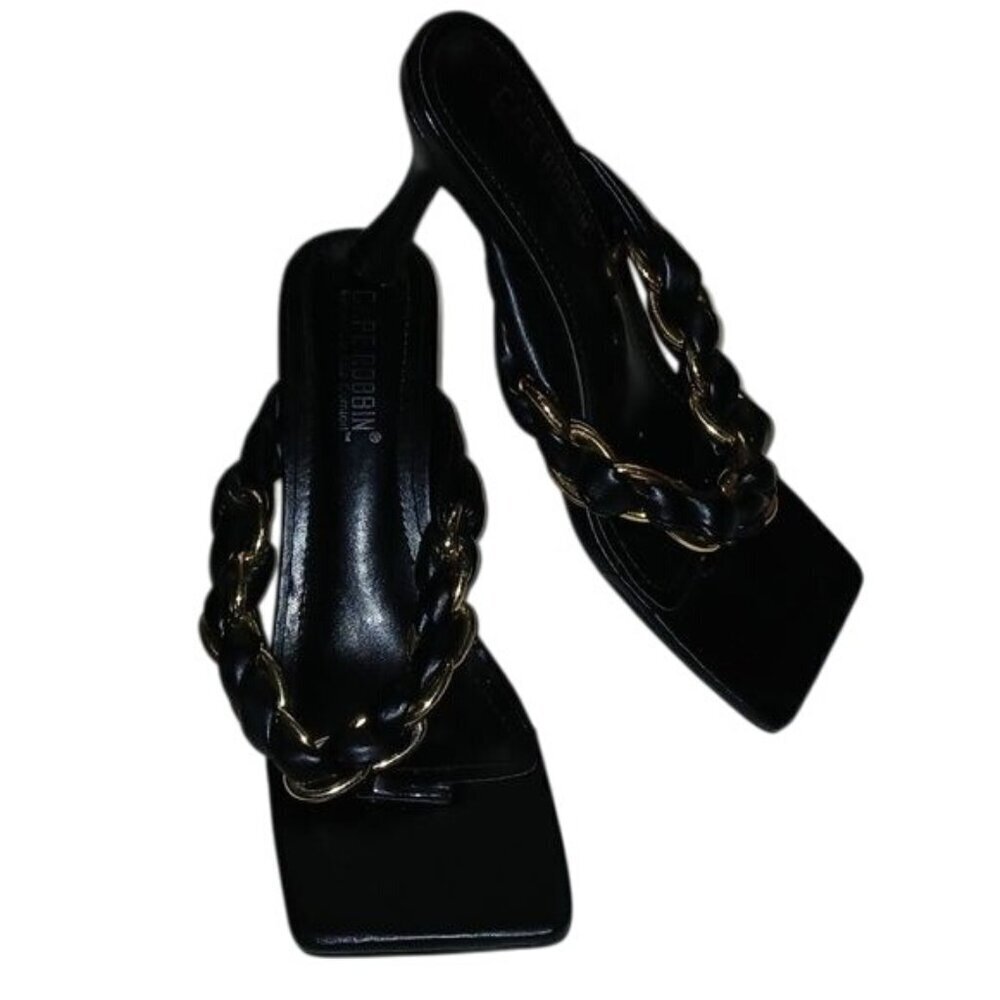 Cape Robbin Black Leather Chain Thong Sandals